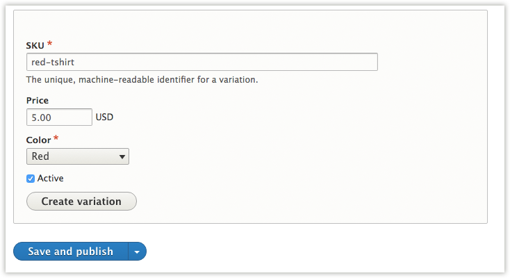 Example Product variation form